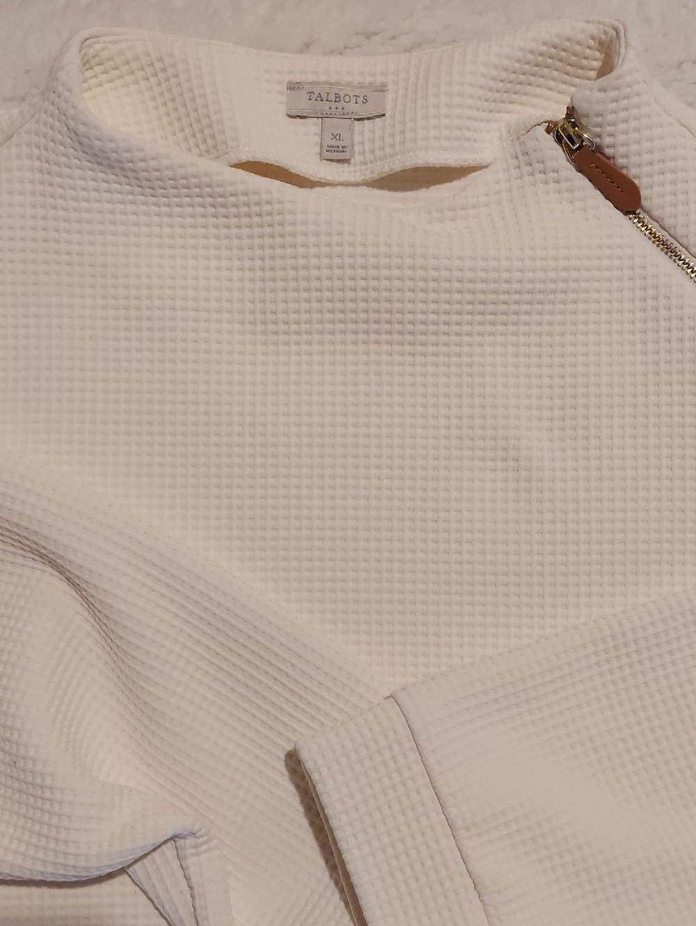 Talbots Cream Waffled Zip-Shoulder Sweater
